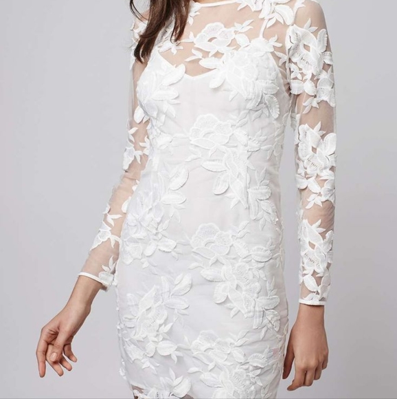 Topshop Longsleeve White Floral Applique Mini Dress - Picture 3 of 10